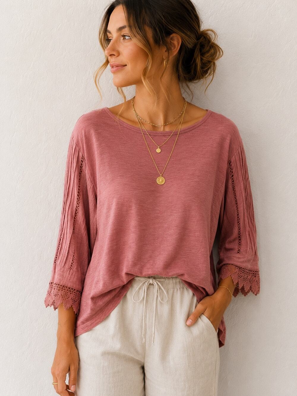 J.JILL Pink Boho Crochet Sleeve Top Cottagecore Gauze Lace Trim Blouse NWT | XL